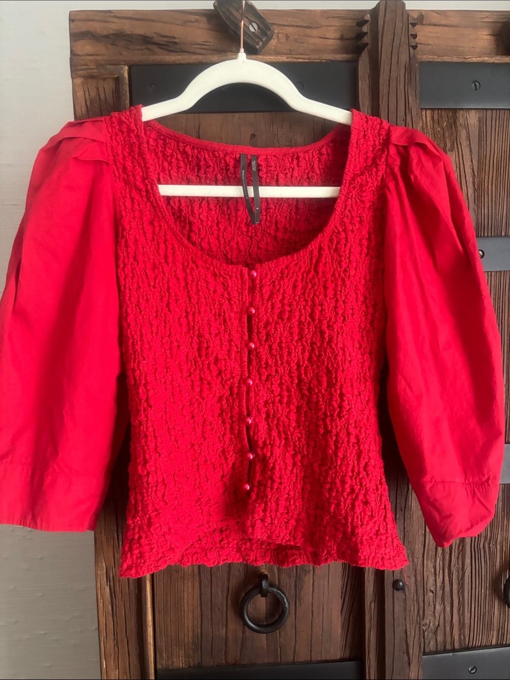 Anthropologie Red Smocked Puff-Sleeve Women's Top - Picture 4 of 5